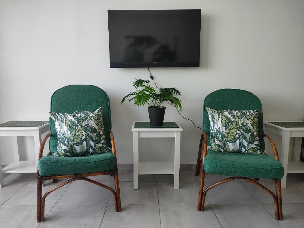 Green rattan chairs and TV lounge
